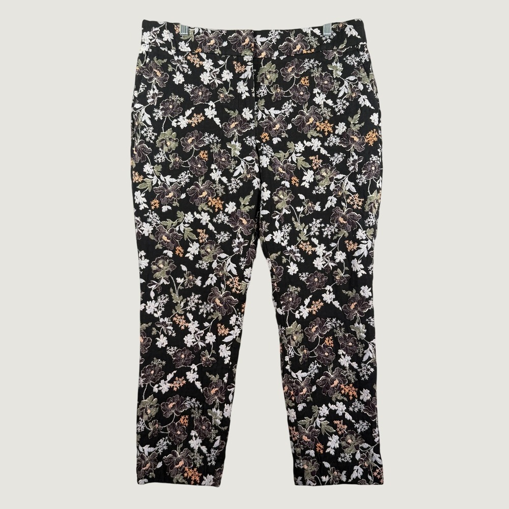 LOFT Women's 12P Fall Floral Ankle Pants Black Floral Stretch Slim Straight Leg